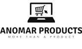 Logo of Anomar Products with a laptop and shopping cart icon on a white background