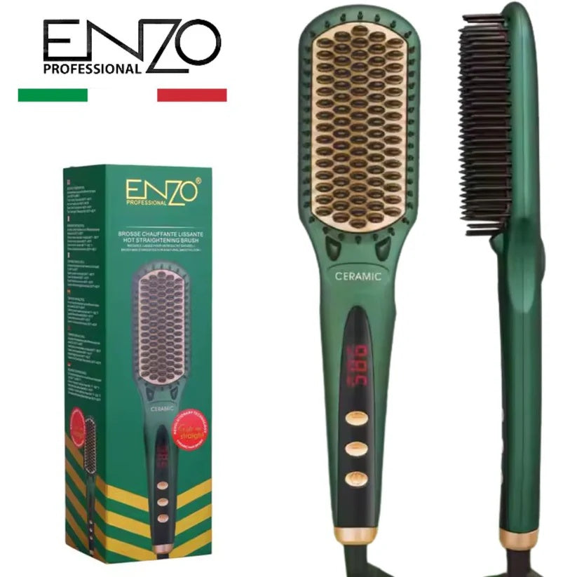Green hair straightening brush with digital display, packaging, and ENZO branding on a white background.